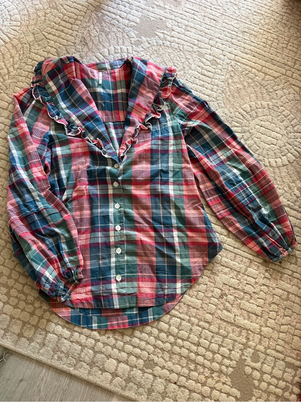 Free People Pink & Green Plaid Ruffle-Trim Button Down Shirt